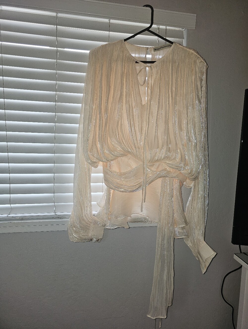 STONED IMMACULATE Champagne Long Puffed Sleeve Ruffle Mini Dress SZ LARGE